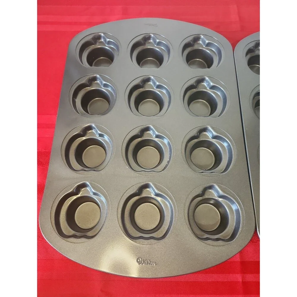 Wilton Muffin Pan Set of 2 Flower Pumpkin Apple Shape 12 Cavity Cupcake Bakeware